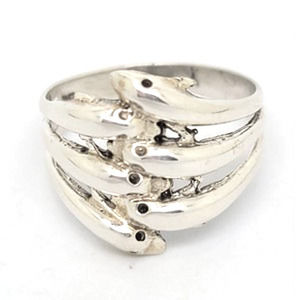 Contemporary Mexican Silver design 6 Sterling Silver Dolphins Ring S9